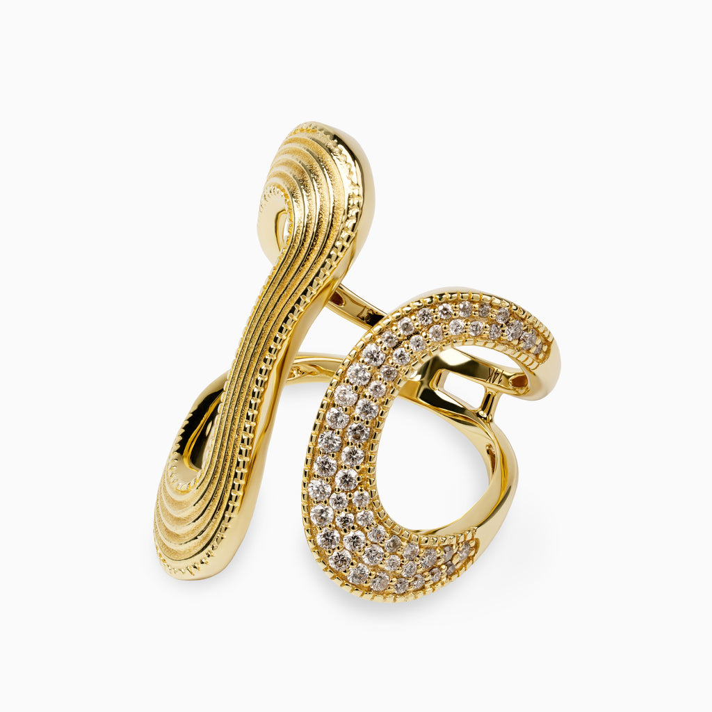 Brushed 14K Yellow Gold Amorphous Ring with Diamonds