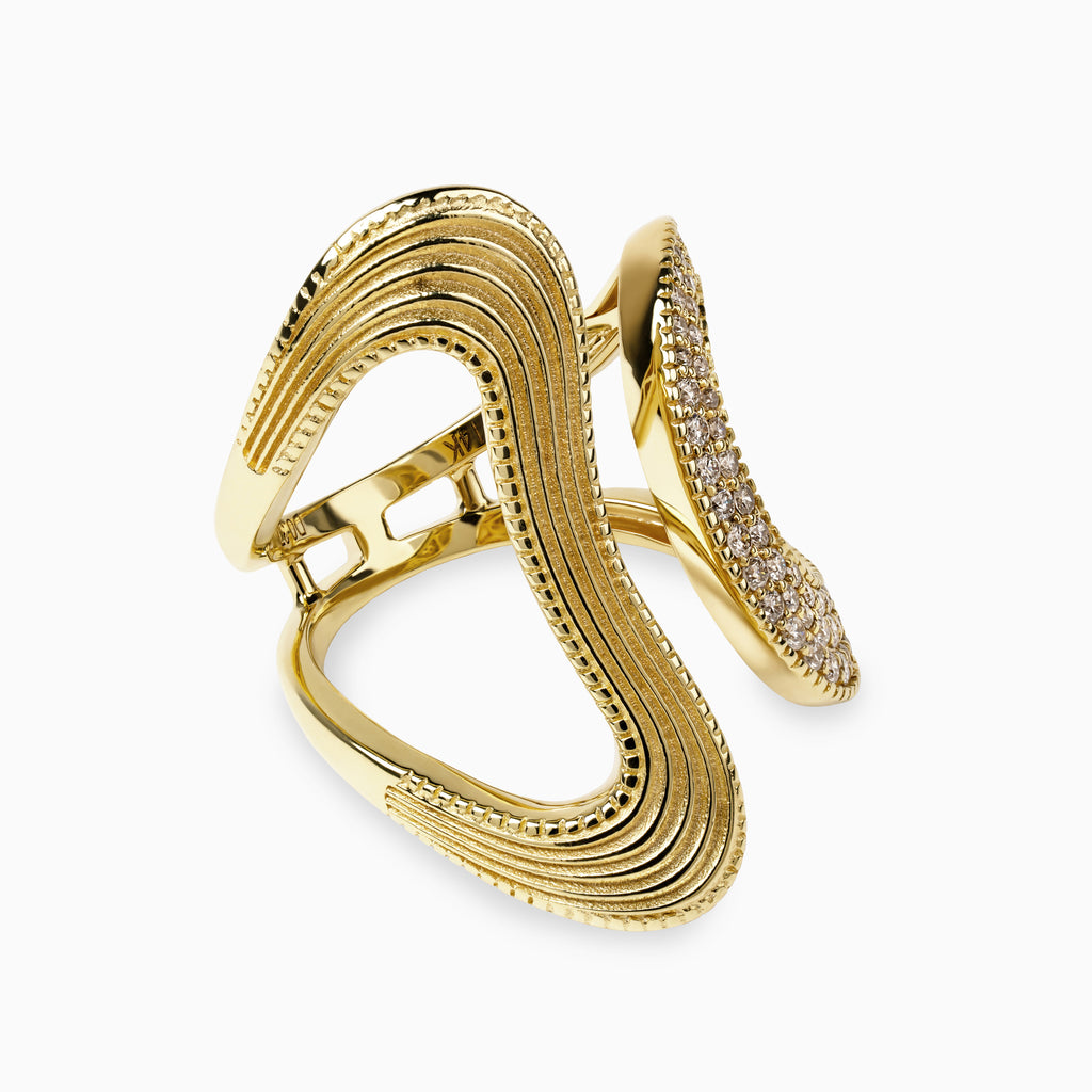 Brushed 14K Yellow Gold Amorphous Ring with Diamonds