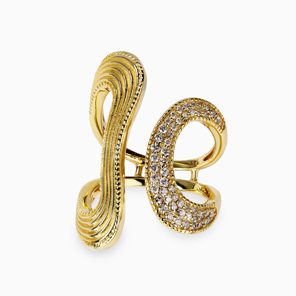 Brushed 14K Yellow Gold Amorphous Ring with Diamonds