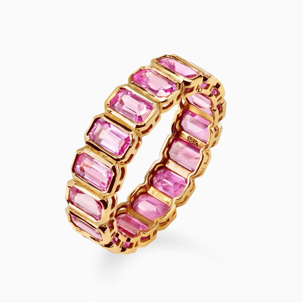 Emerald Cut Pink Sapphire Bezel Set Eternity Ring
