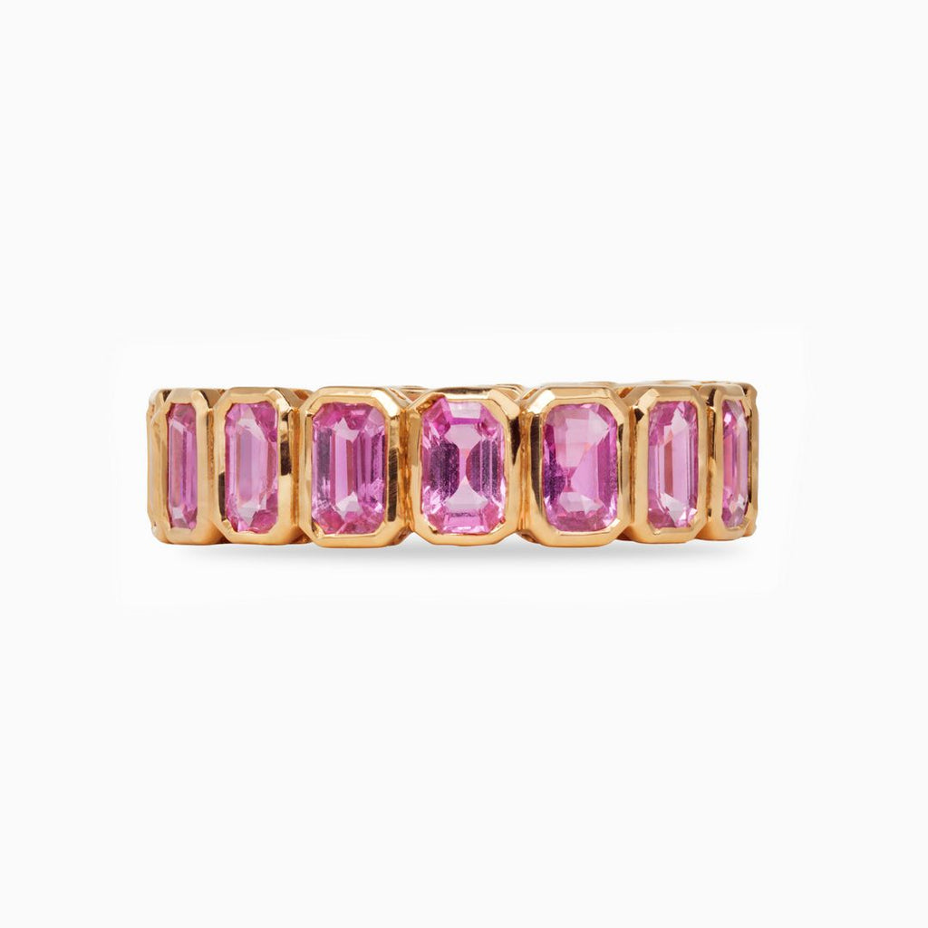 Emerald Cut Pink Sapphire Bezel Set Eternity Ring