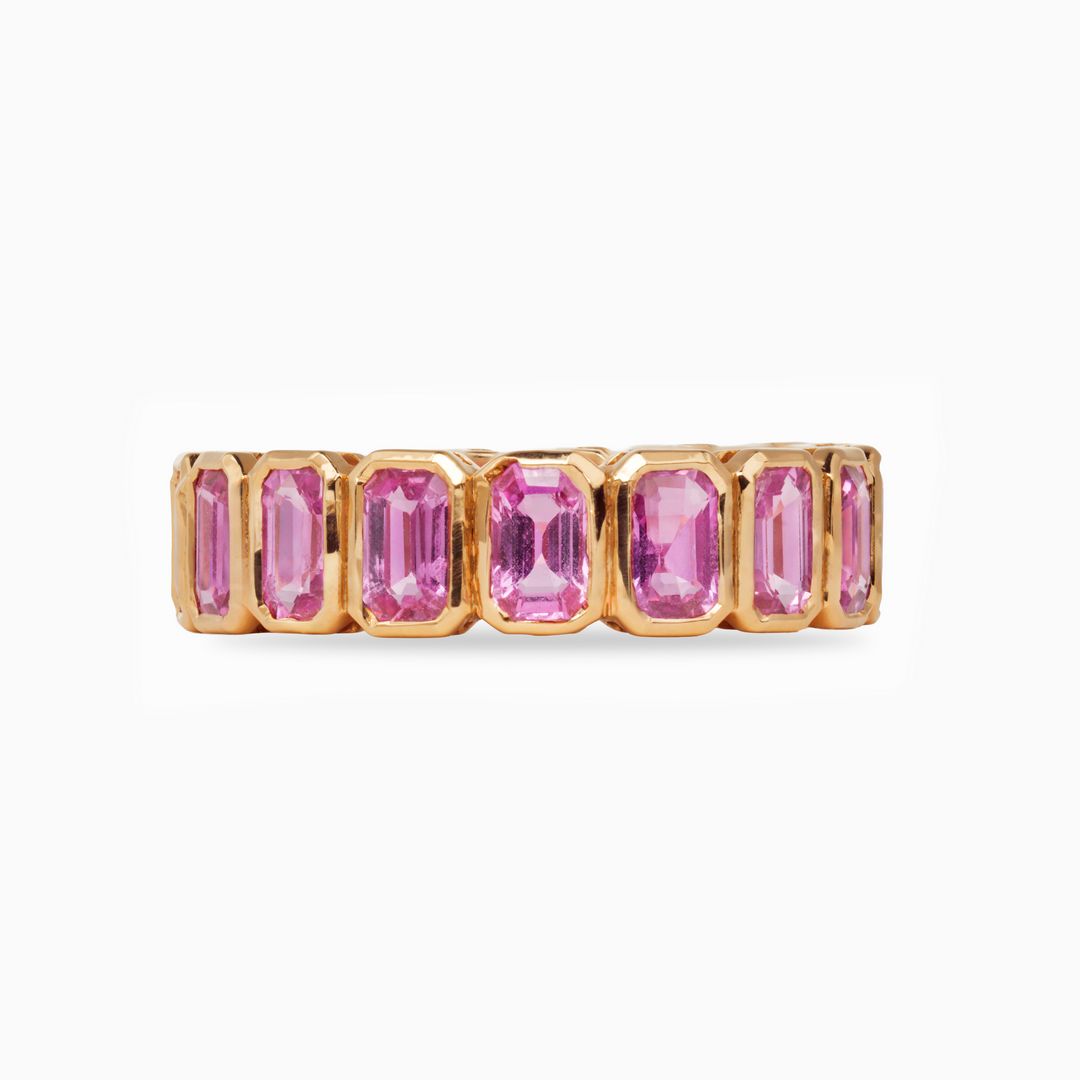Emerald Cut Pink Sapphire Bezel Set Eternity Ring