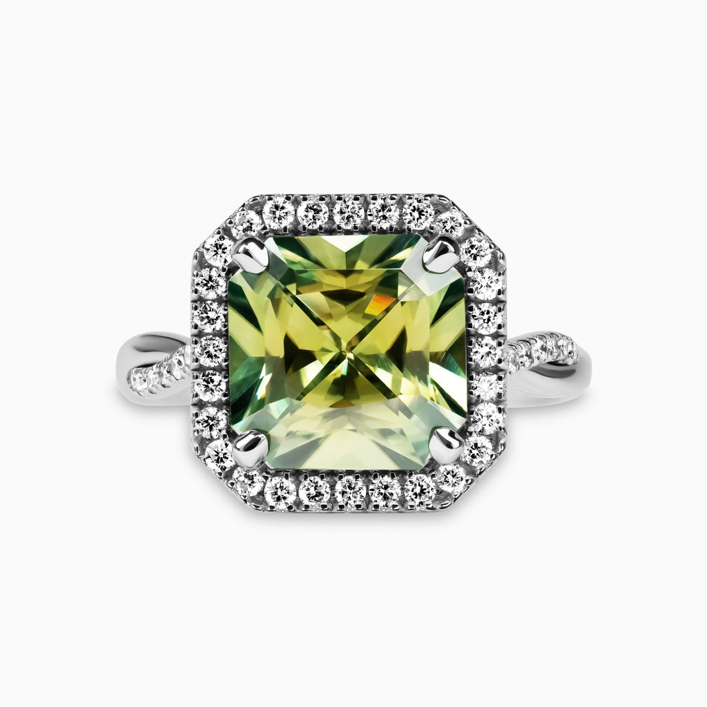 Green 3.39ct Lab Moissanite Ring with Lab Halo and Side Diamonds