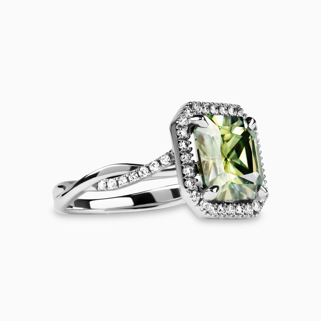Green 3.39ct Lab Moissanite Ring with Lab Halo and Side Diamonds