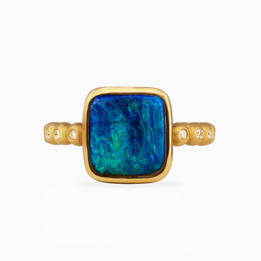 Square Australian Opal Ring with Diamonds