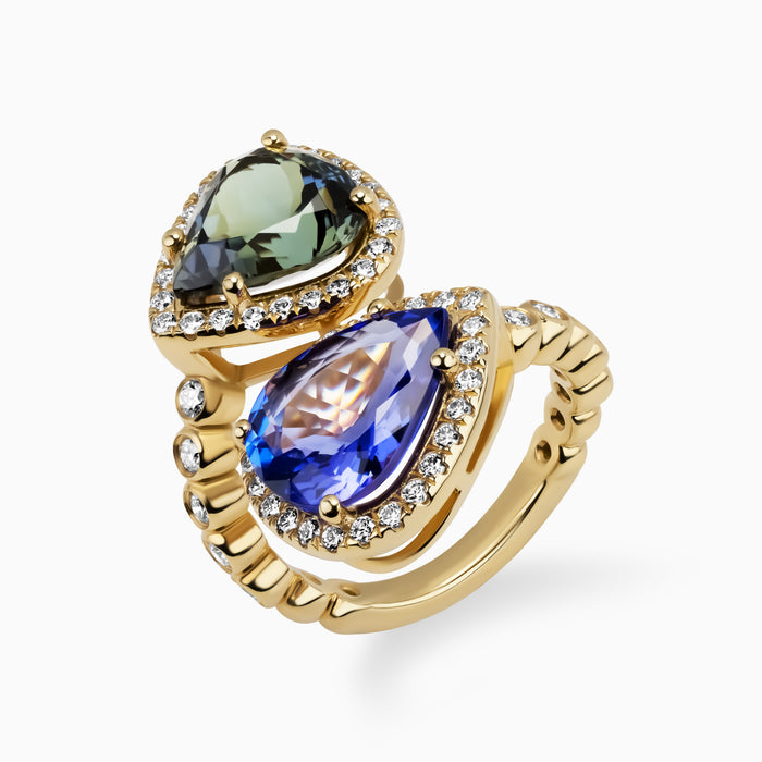 8.20ct Tanzanite Toi et Moi Ring with Round Bezel Set Diamonds