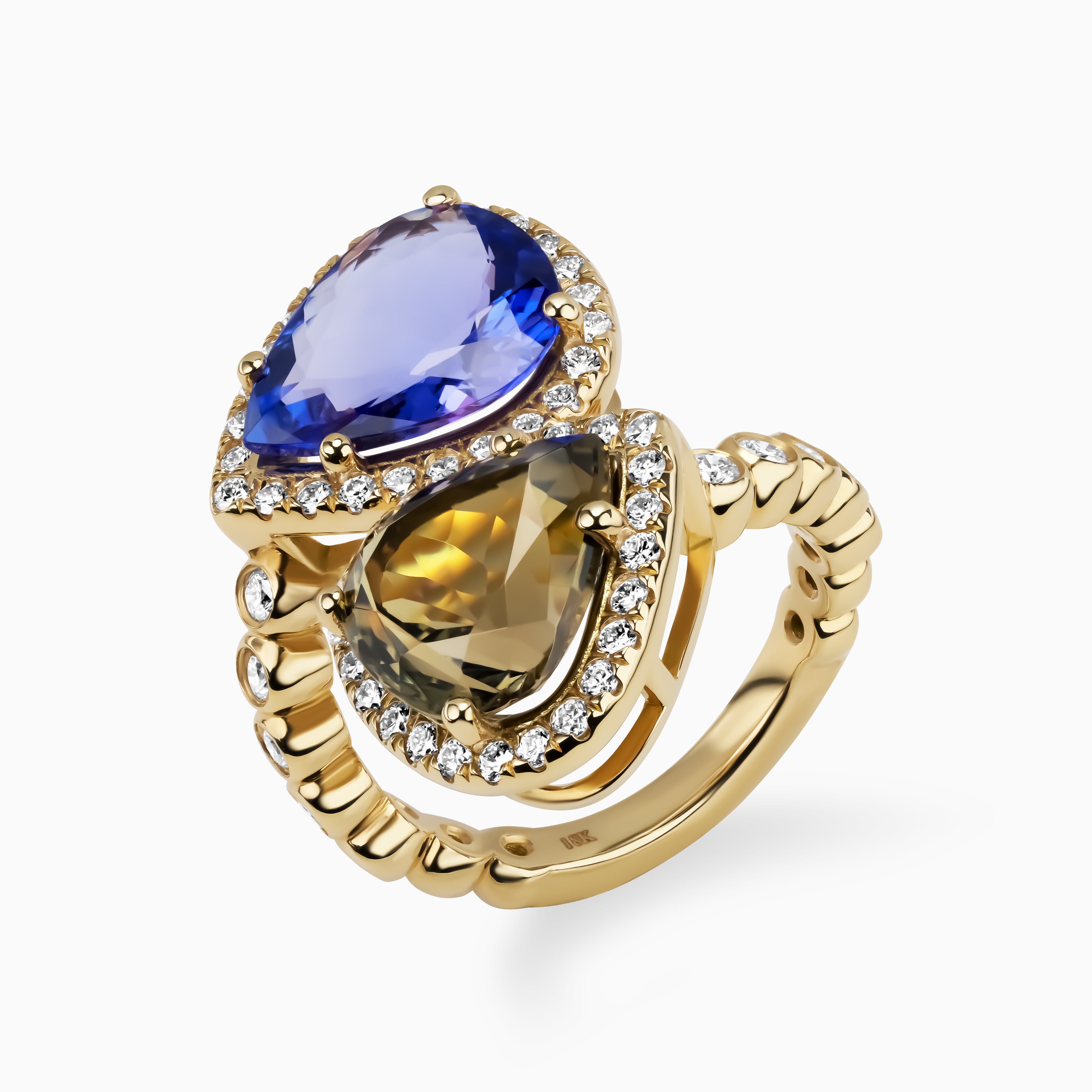 8.20ct Tanzanite Toi et Moi Ring with Round Bezel Set Diamonds