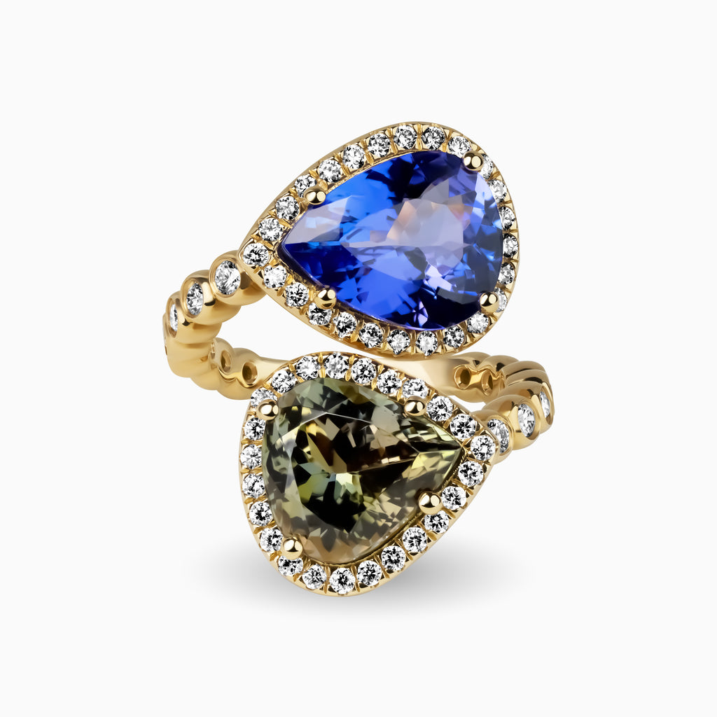 8.20ct Tanzanite Toi et Moi Ring with Round Bezel Set Diamonds