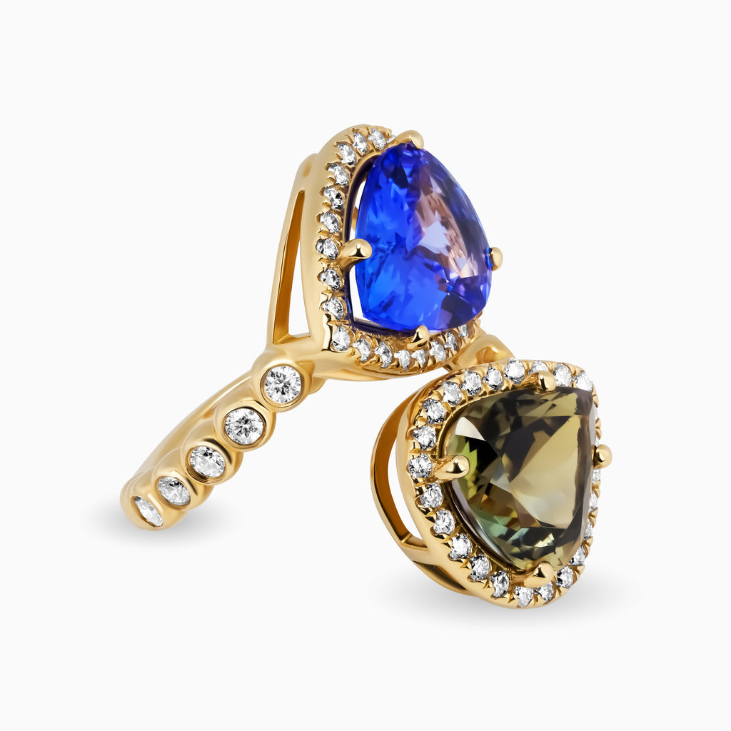 8.20ct Tanzanite Toi et Moi Ring with Round Bezel Set Diamonds