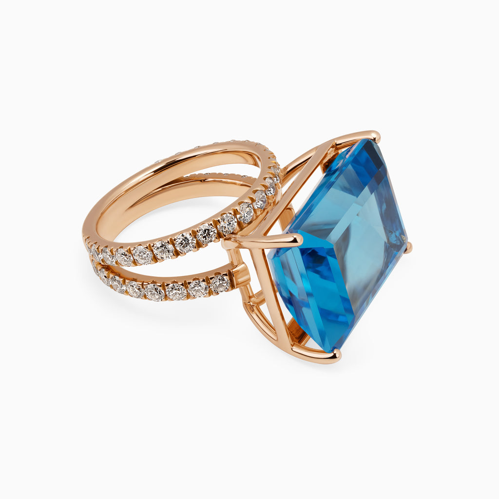 25.57ct Blue Topaz Ring with Double Diamond Bands