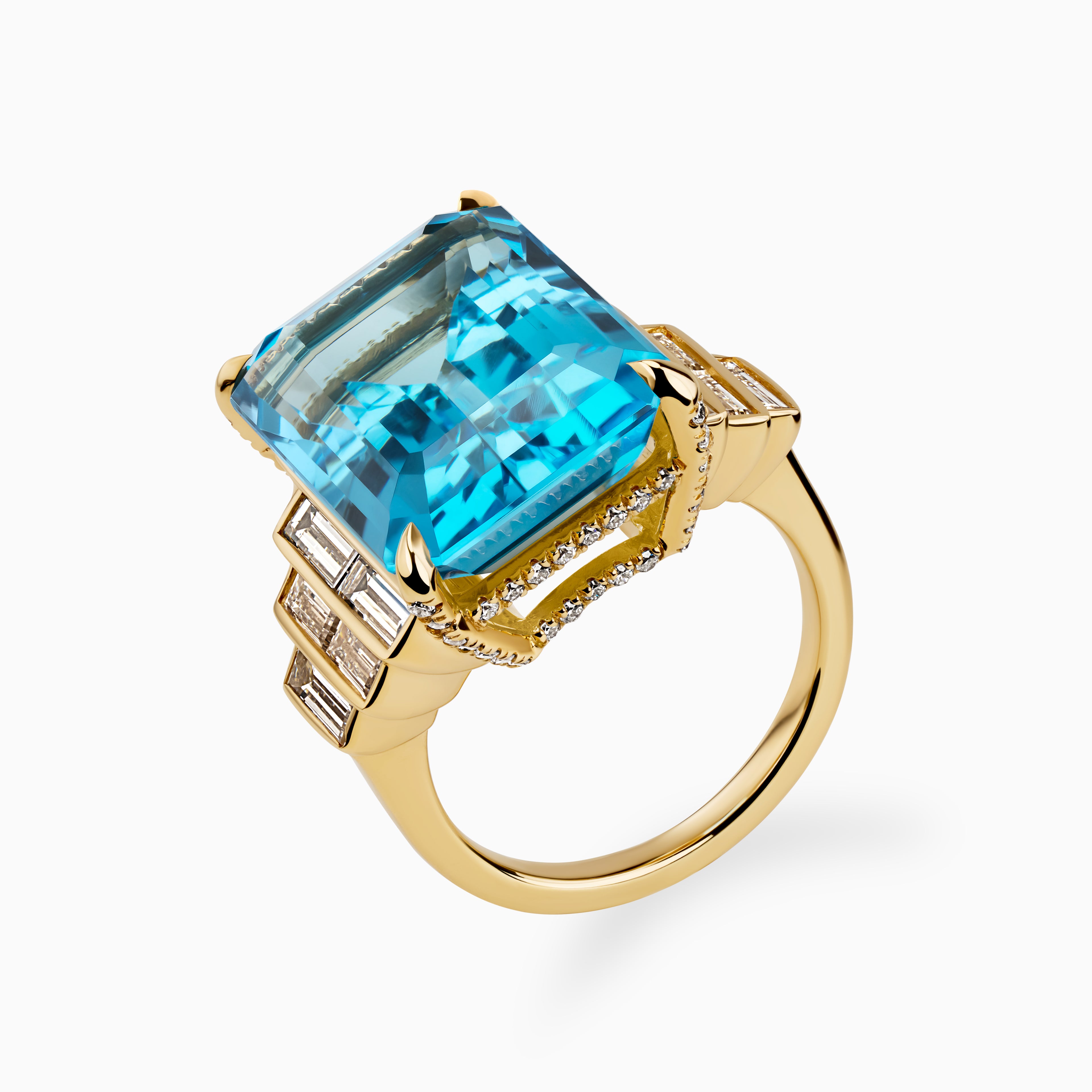 21.10ct Emerald Cut Blue Topaz Ring with Baguette Diamond Steps
