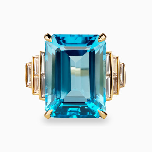 21.10ct Emerald Cut Blue Topaz Ring with Baguette Diamond Steps