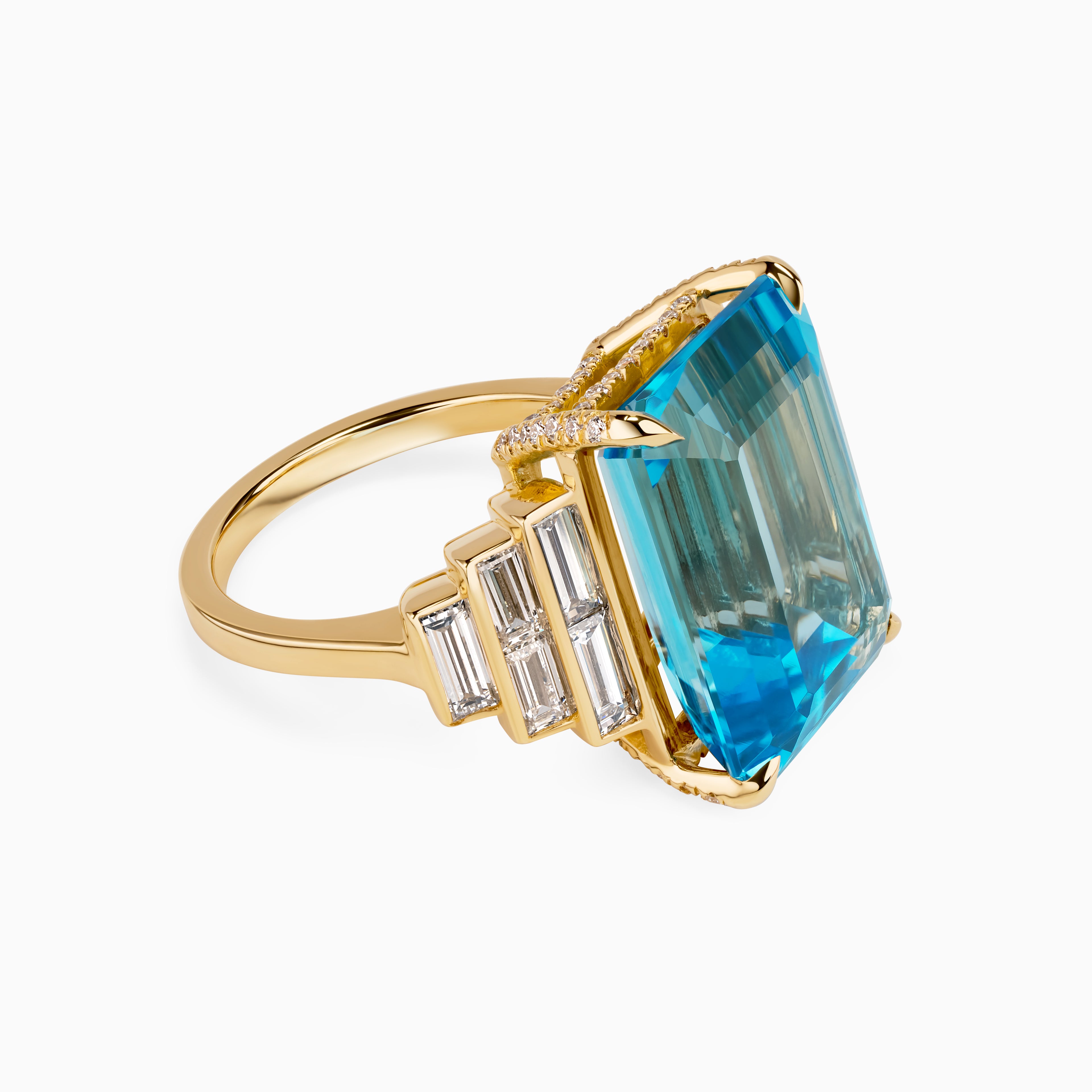 21.10ct Emerald Cut Blue Topaz Ring with Baguette Diamond Steps