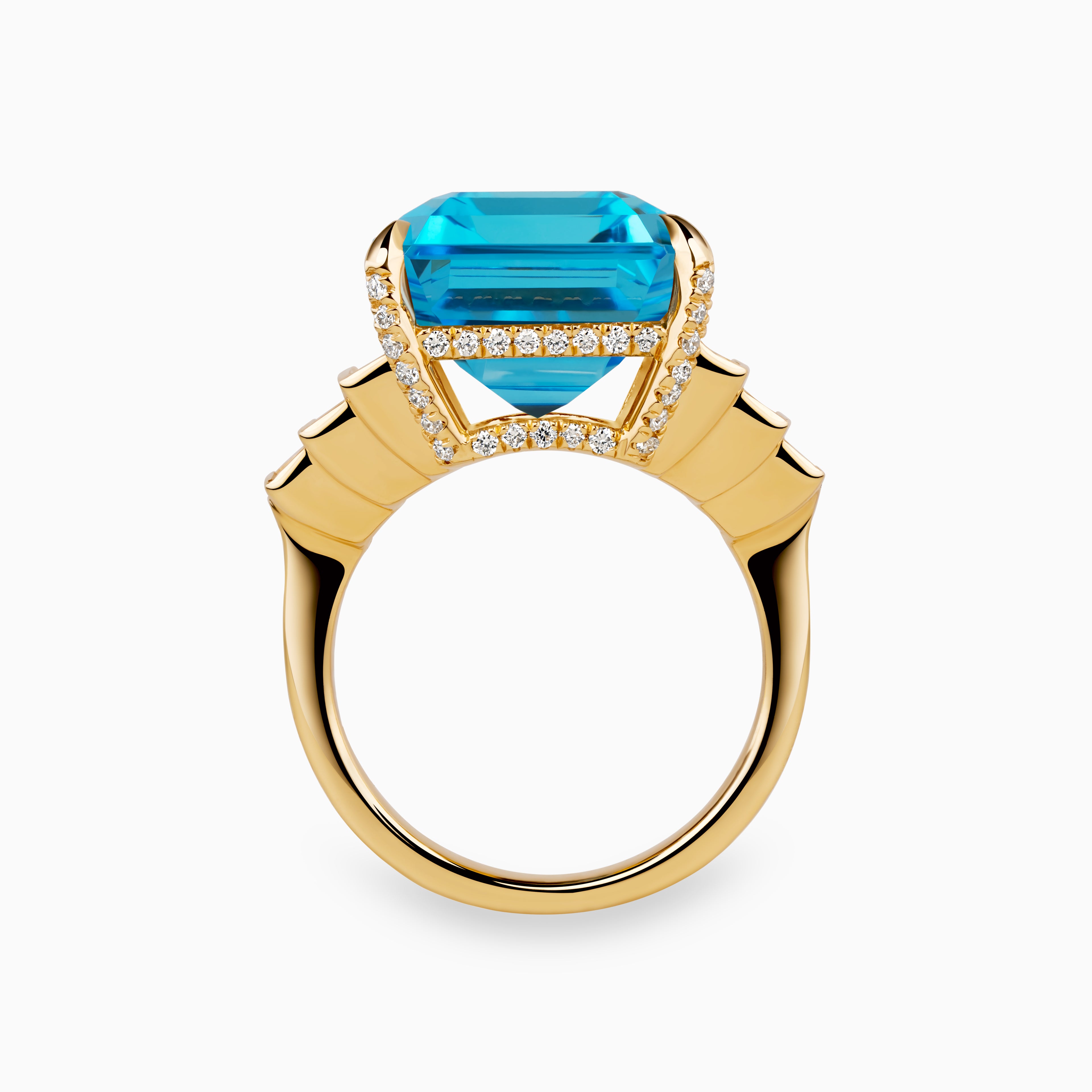 21.10ct Emerald Cut Blue Topaz Ring with Baguette Diamond Steps