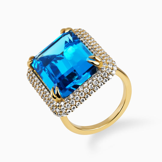 21.37ct Emerald Cut Blue Topaz Ring with Diamond Halo