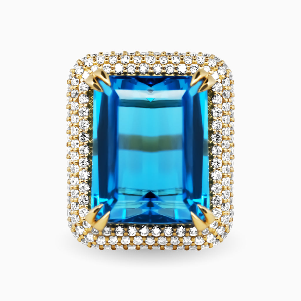 21.37ct Emerald Cut Blue Topaz Ring with Diamond Halo
