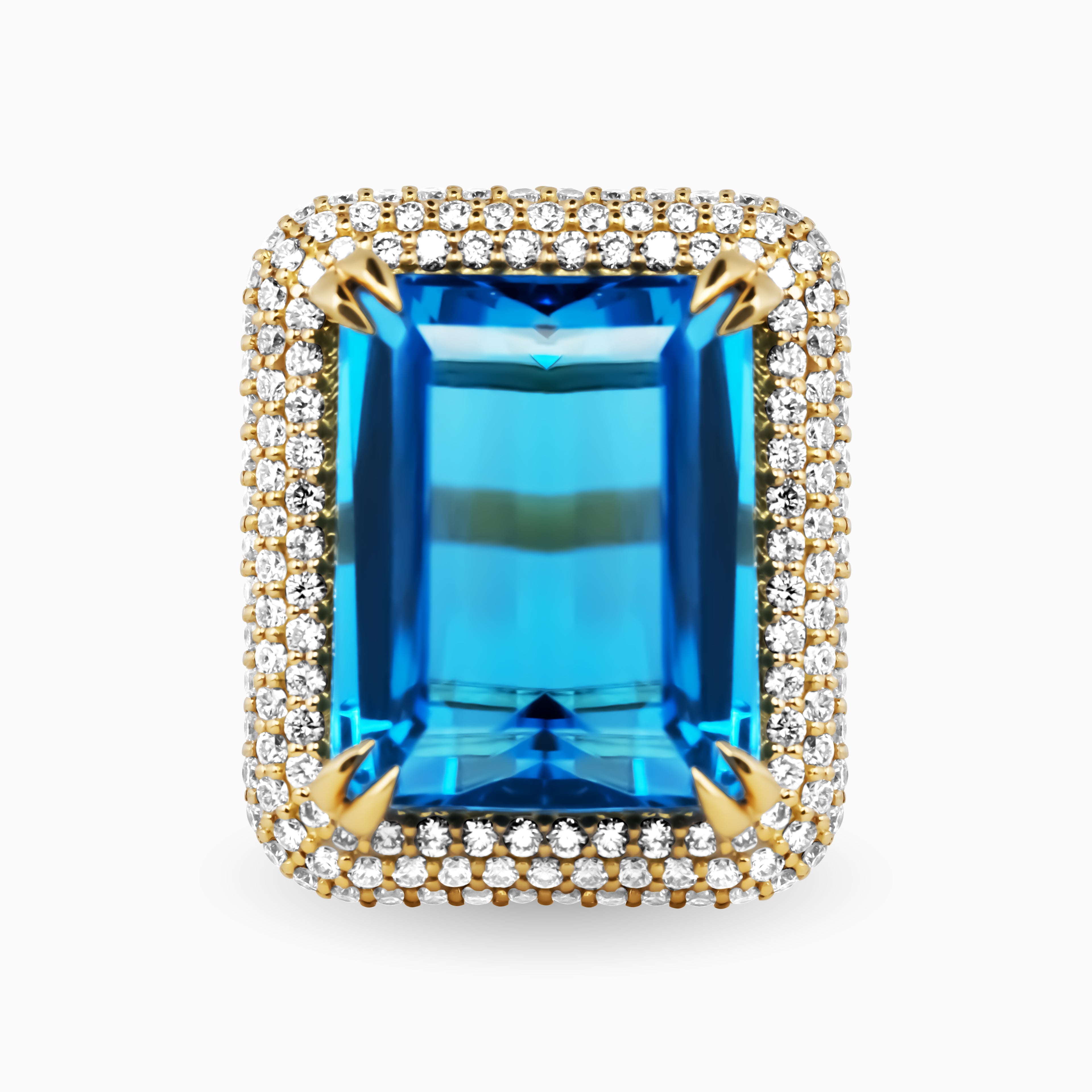 21.37ct Emerald Cut Blue Topaz Ring with Diamond Halo