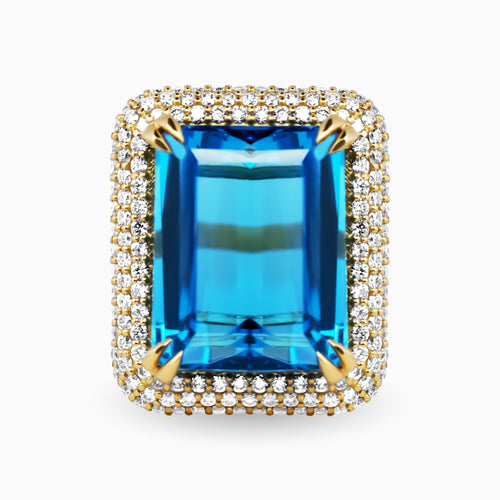 21.37ct Emerald Cut Blue Topaz Ring with Diamond Halo