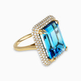 21.37ct Emerald Cut Blue Topaz Ring with Diamond Halo