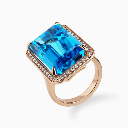 26.05 Blue Topaz Ring wtih Diamond Halo