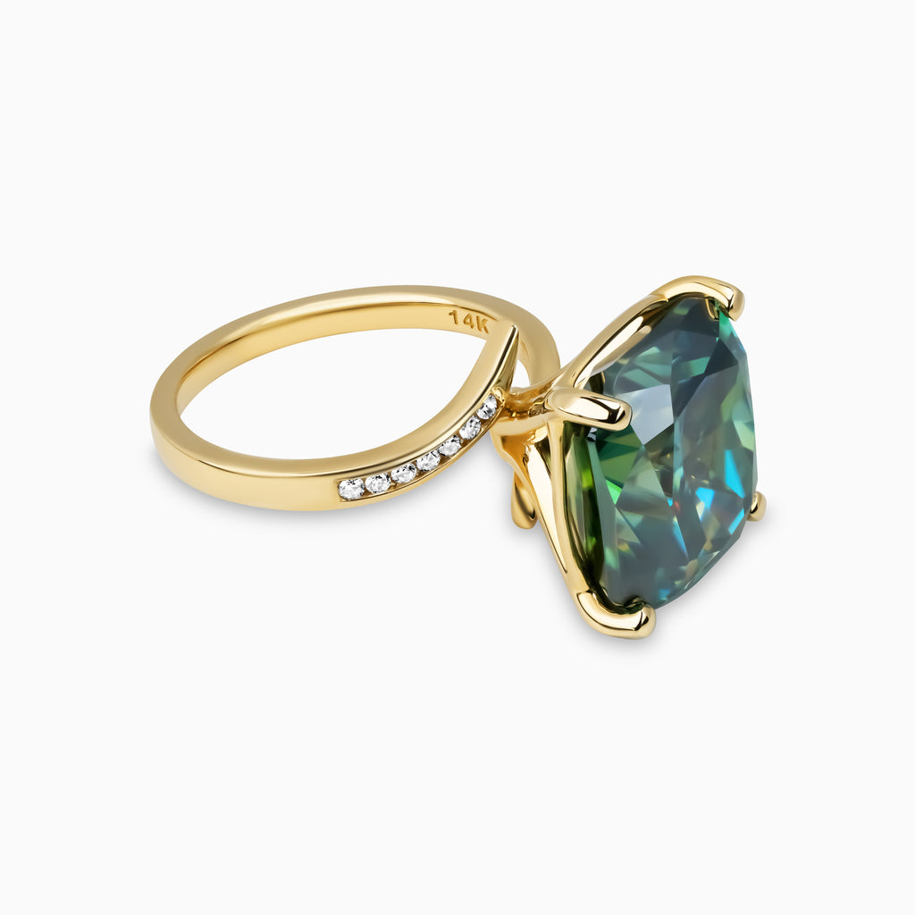 11.44ct Blue-Green Lab Moissanite Ring with Lab Side Diamonds