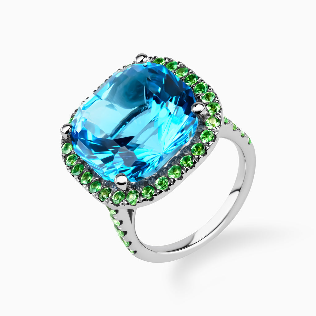 18.12ct Blue Topaz Ring with Tsavorite Halo and Accent Stones