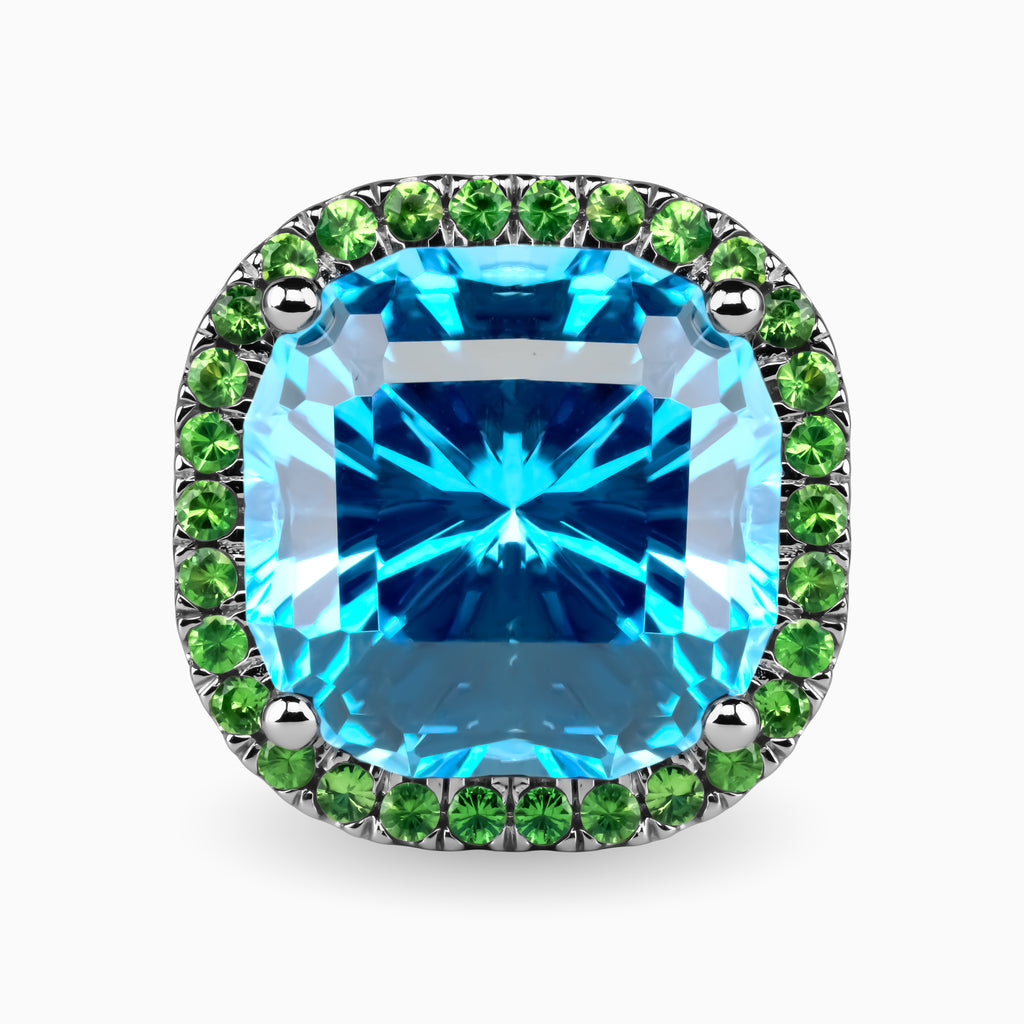 18.12ct Blue Topaz Ring with Tsavorite Halo and Accent Stones