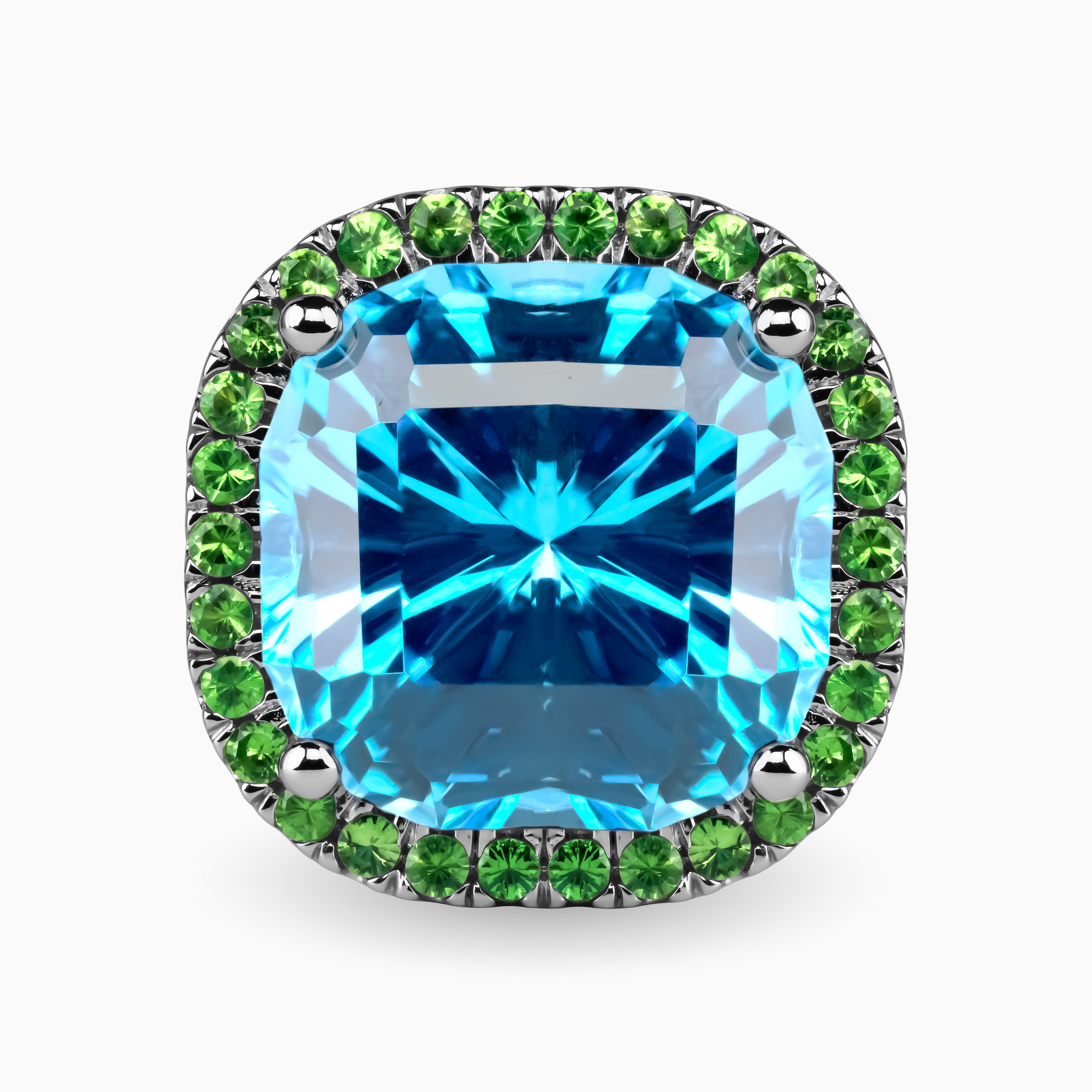 18.12ct Blue Topaz Ring with Tsavorite Halo and Accent Stones