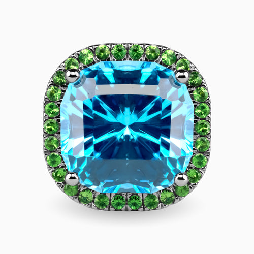 18.12ct Blue Topaz Ring with Tsavorite Halo and Accent Stones