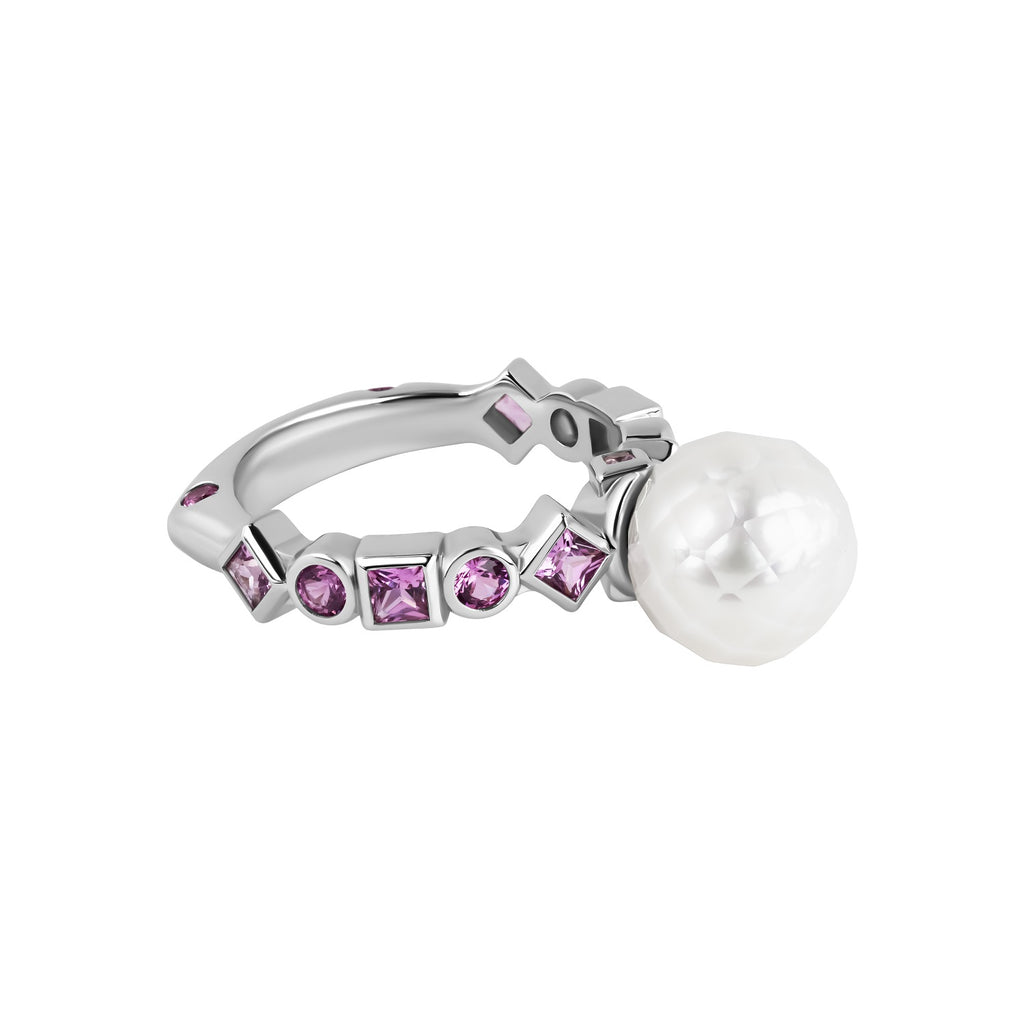 Bashira Faceted White Pearl Ring with Multi Shaped Pink Sapphires