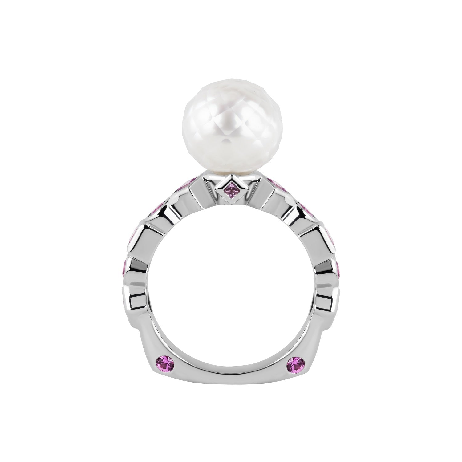 Bashira Faceted White Pearl Ring with Multi Shaped Pink Sapphires