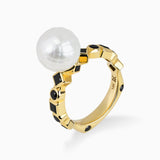 Bashira Faceted White Pearl Ring with Multi Shaped Black Diamonds