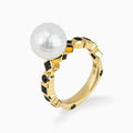 Bashira Faceted White Pearl Ring with Multi Shaped Black Diamonds