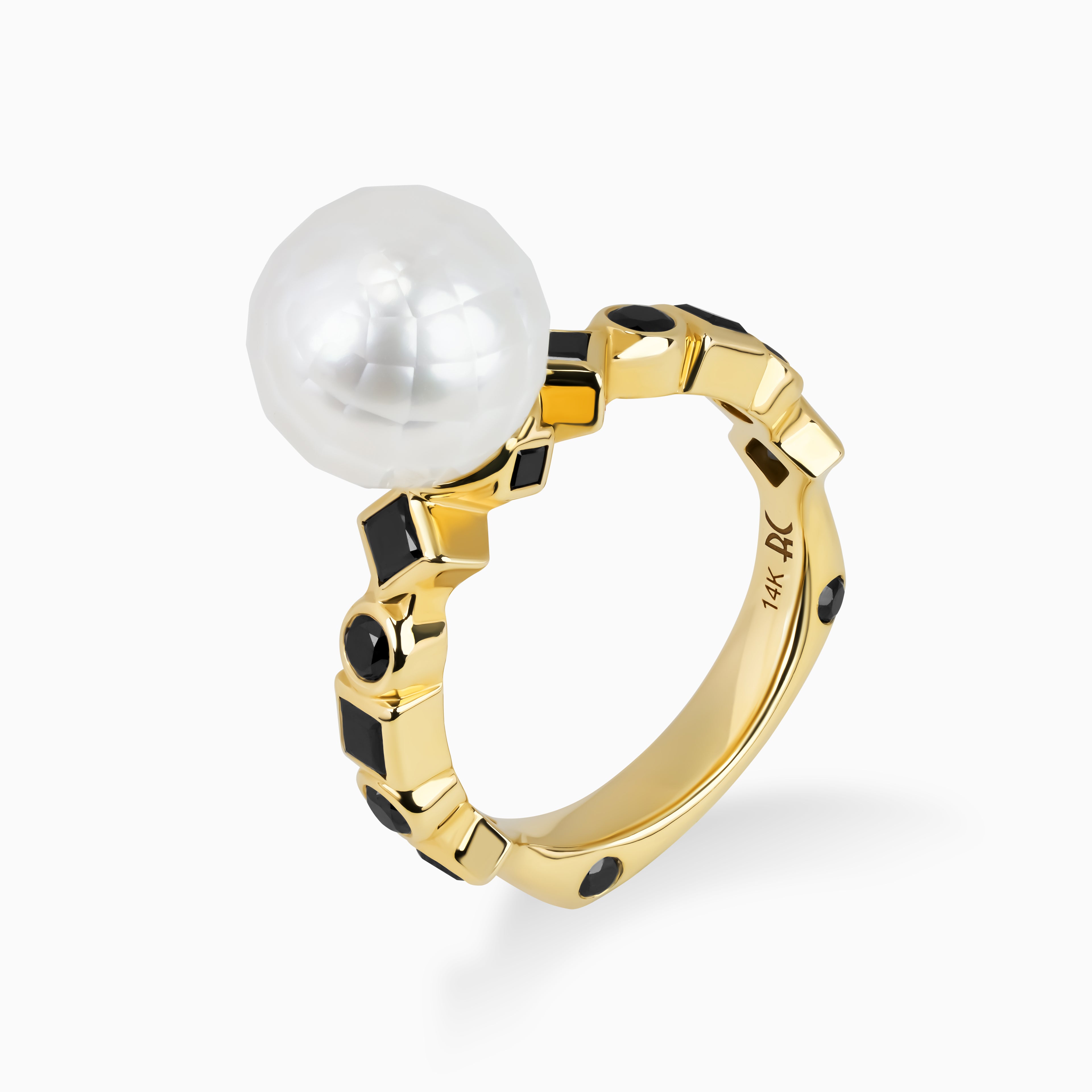 Bashira Faceted White Pearl Ring with Multi Shaped Black Diamonds