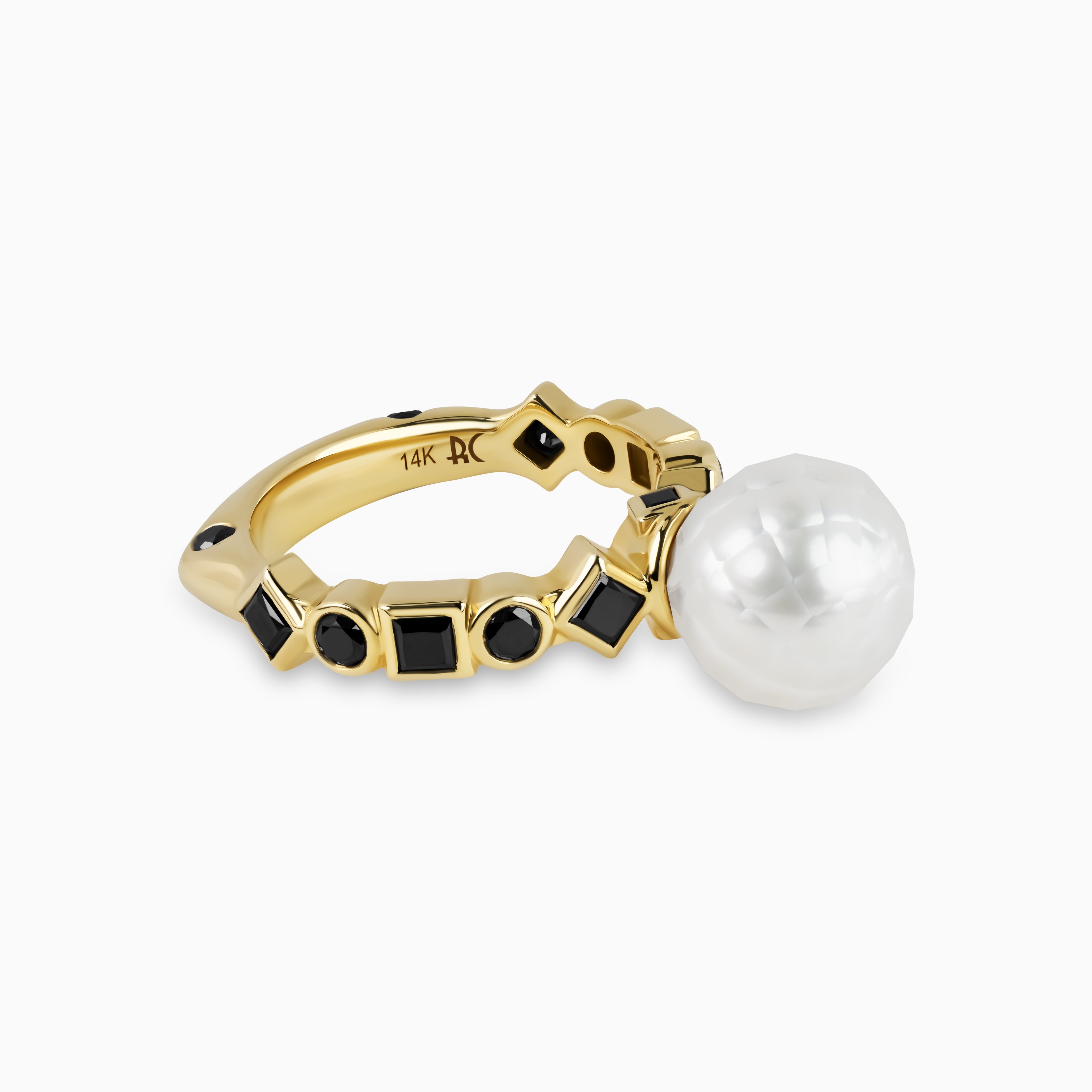 Bashira Faceted White Pearl Ring with Multi Shaped Black Diamonds