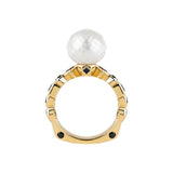 Bashira Faceted White Pearl Ring with Multi Shaped Black Diamonds