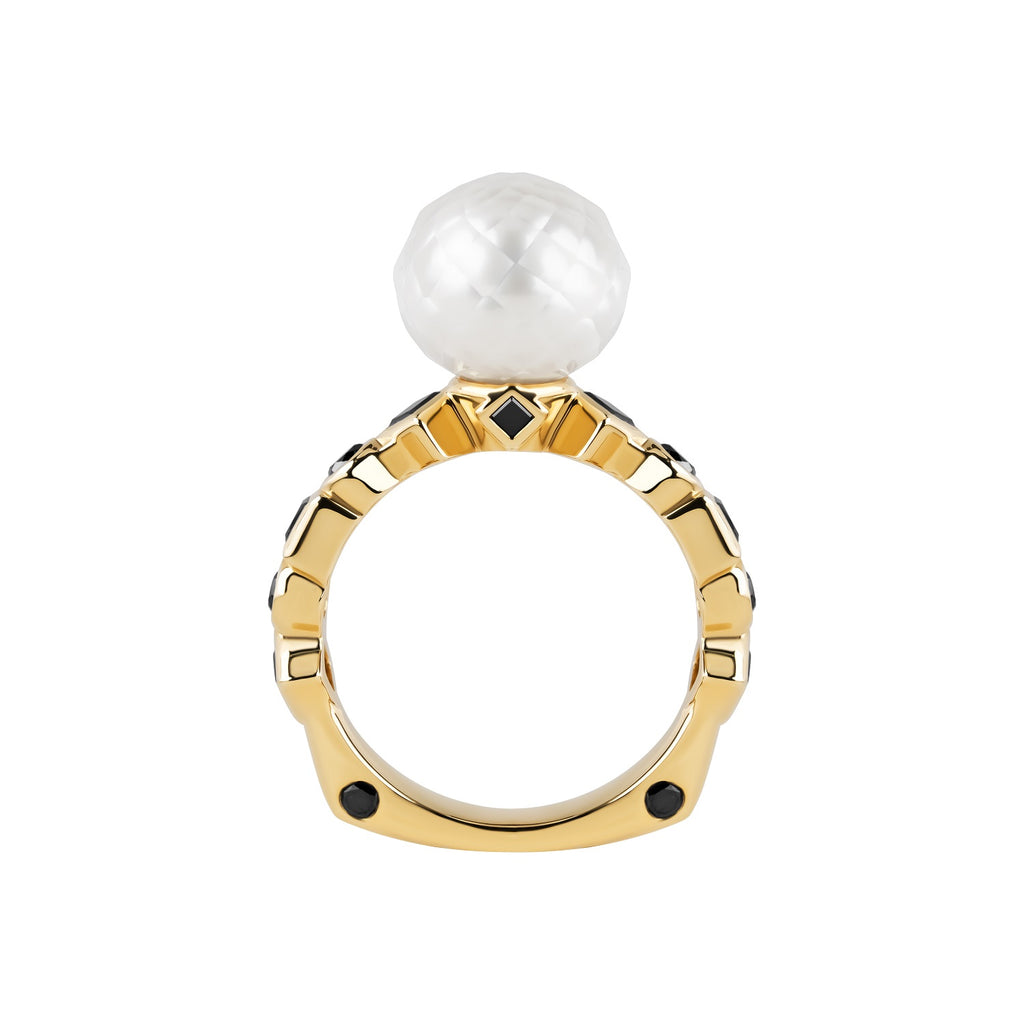 Bashira Faceted White Pearl Ring with Multi Shaped Black Diamonds