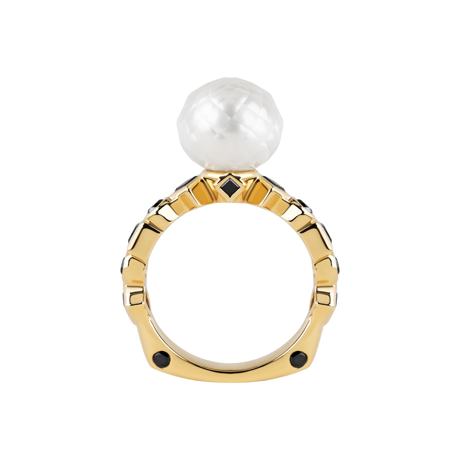 Bashira Faceted White Pearl Ring with Multi Shaped Black Diamonds