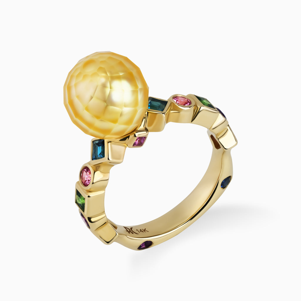 Bashira Faceted Gold Pearl Ring with Multi Shaped Gemstones