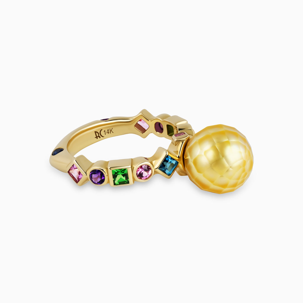 Bashira Faceted Gold Pearl Ring with Multi Shaped Gemstones