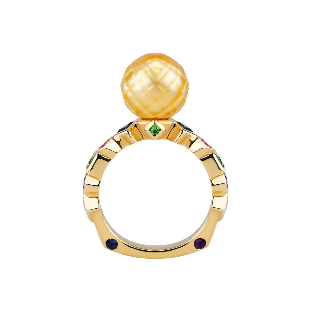 Bashira Faceted Gold Pearl Ring with Multi Shaped Gemstones