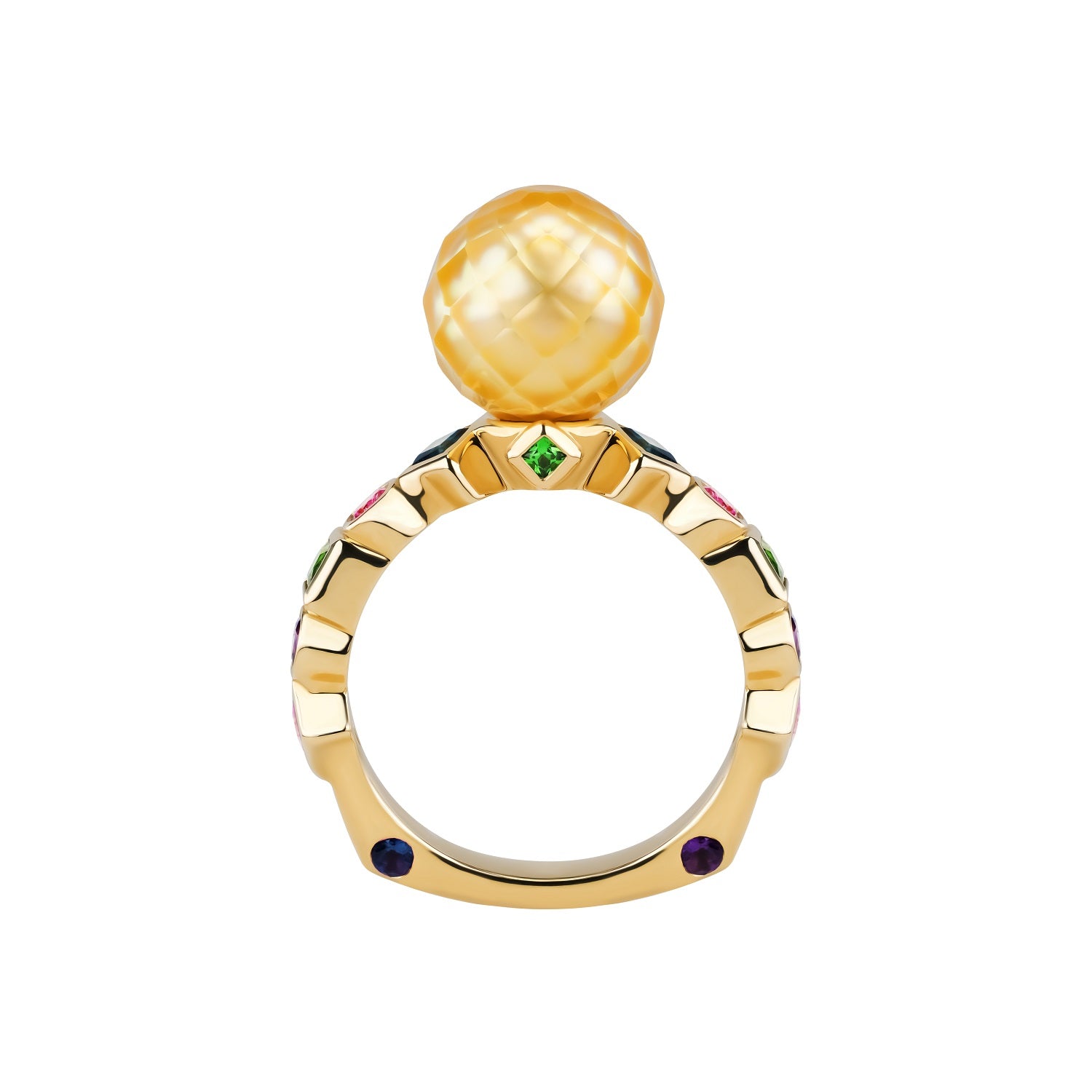 Bashira Faceted Gold Pearl Ring with Multi Shaped Gemstones