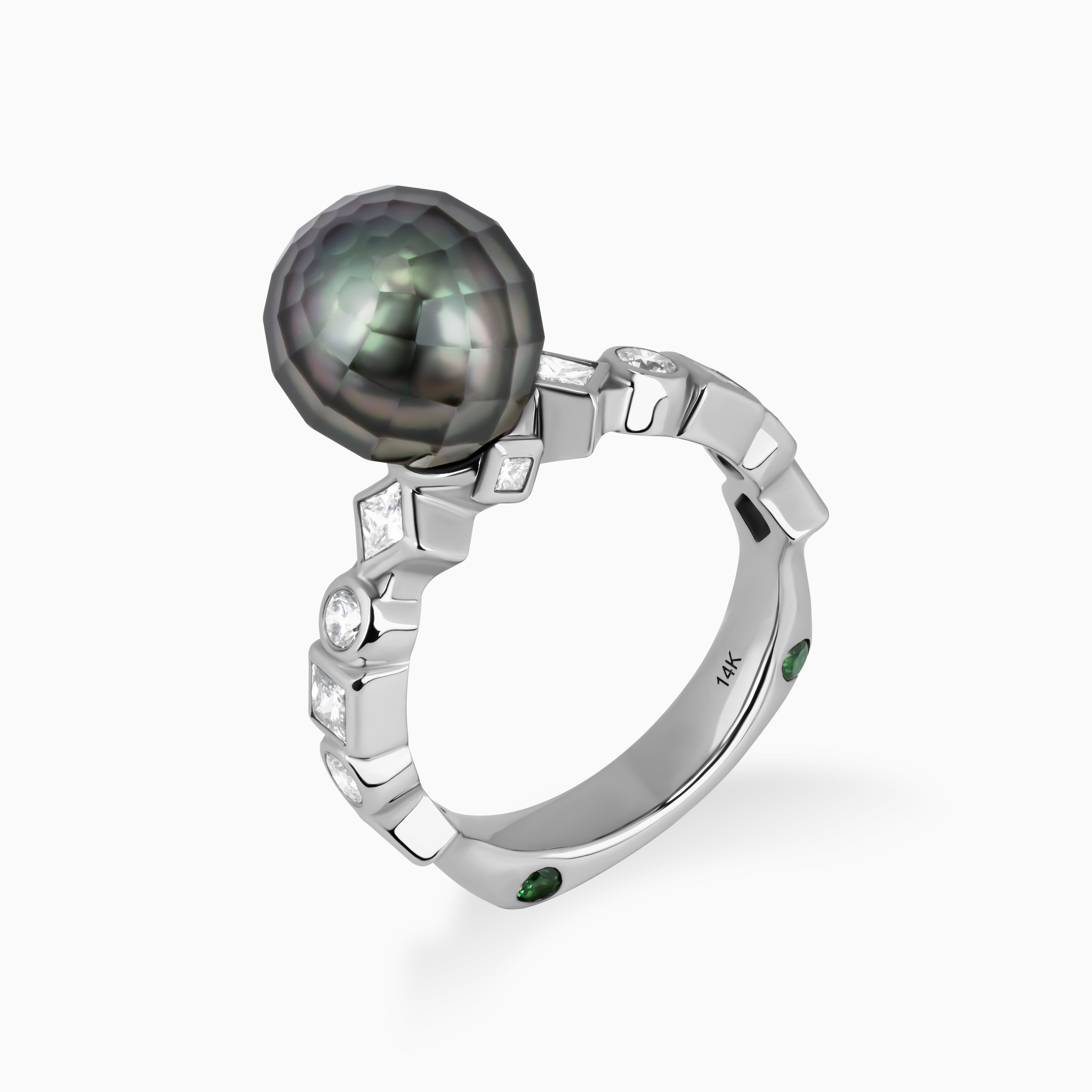 Bashira Faceted Pistachio Pearl Ring with Multi Shaped Diamonds