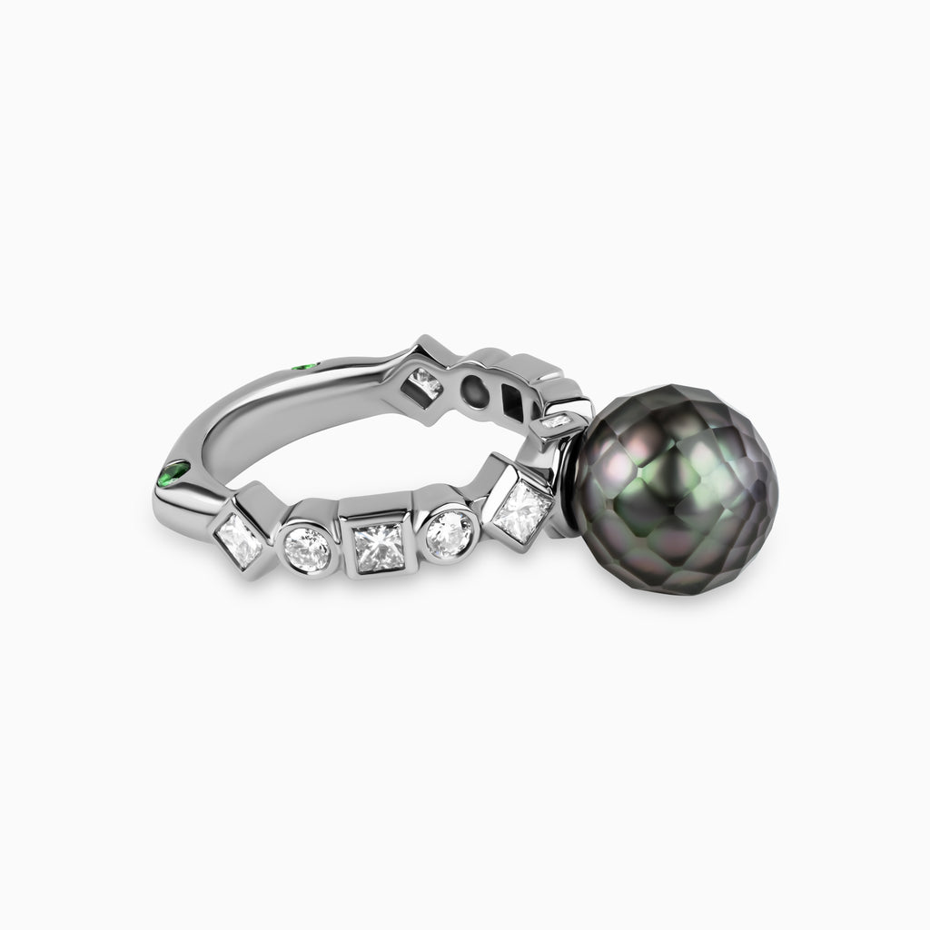 Bashira Faceted Pistachio Pearl Ring with Multi Shaped Diamonds