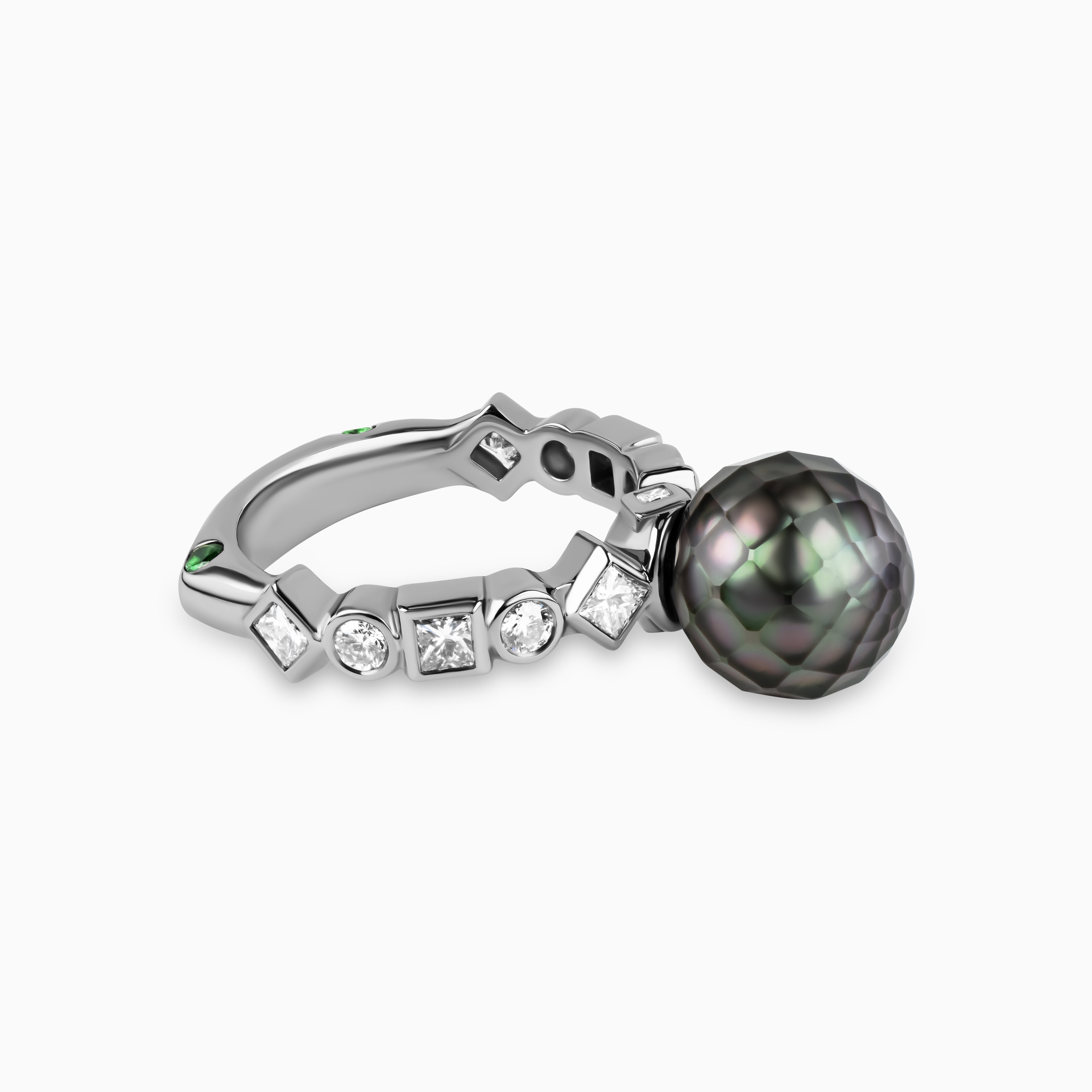 Bashira Faceted Pistachio Pearl Ring with Multi Shaped Diamonds