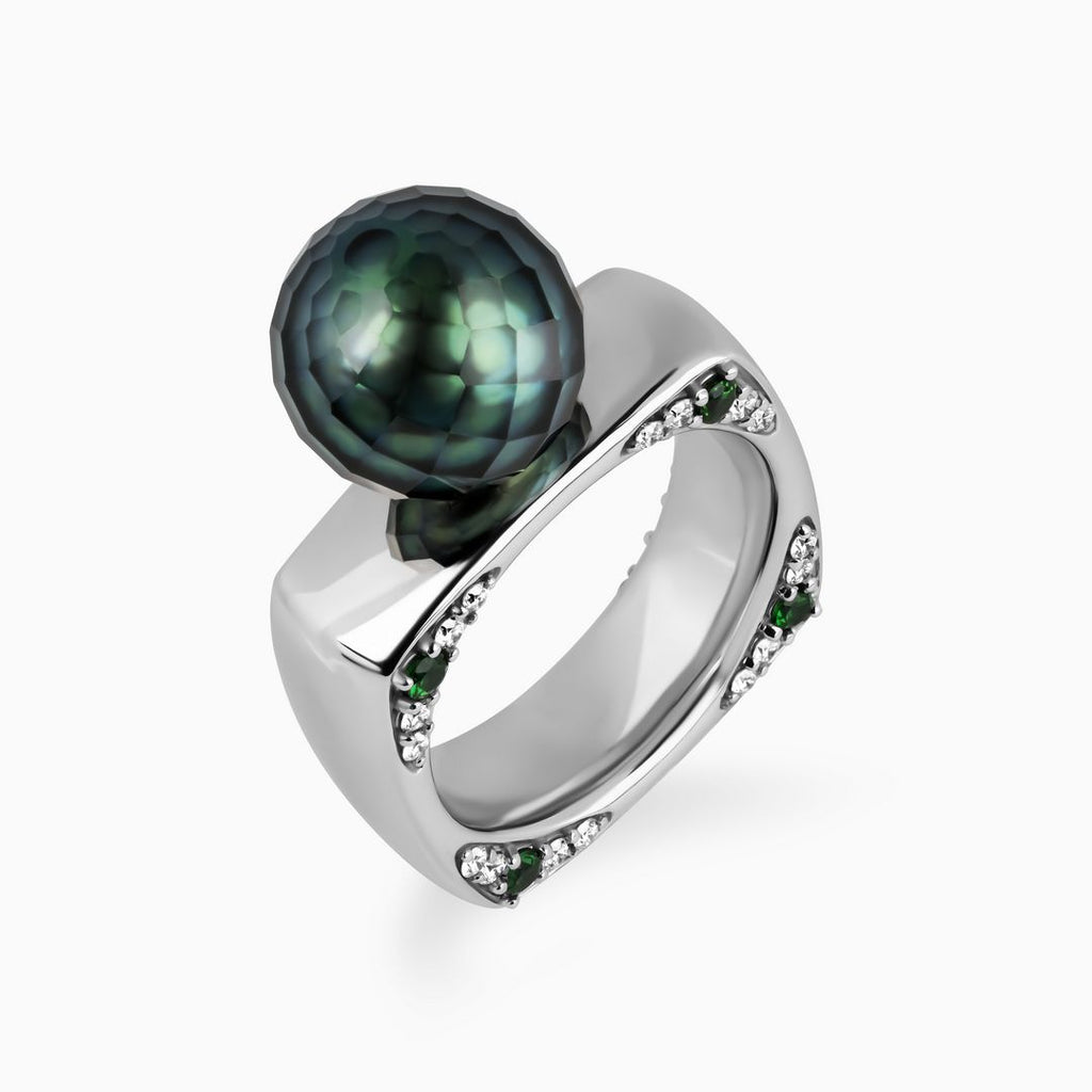 Mila Ring with Green Tahitian Fancy Faceted Pearl