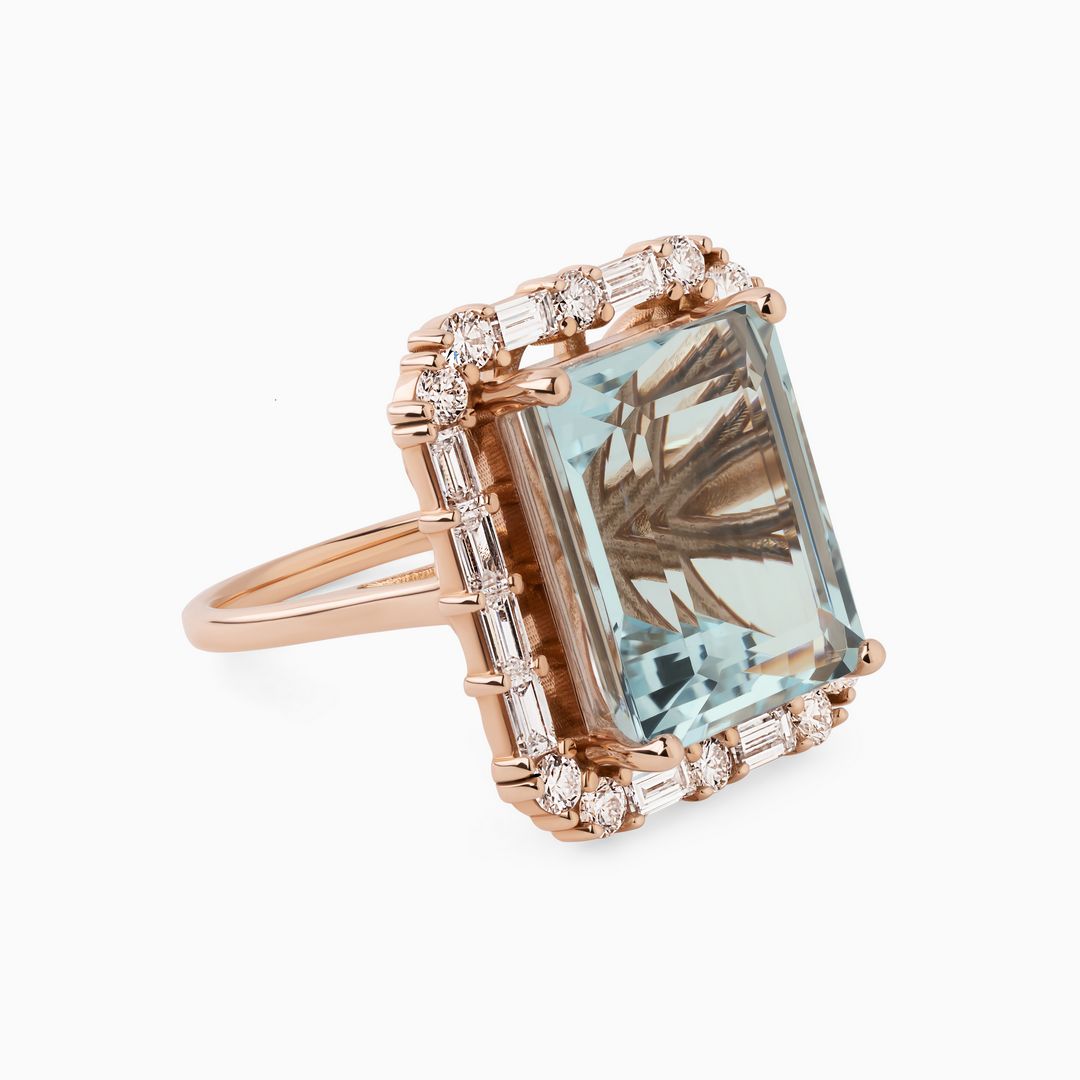 12.30ct Aquamarine Ring with Baguette Diamond Halo
