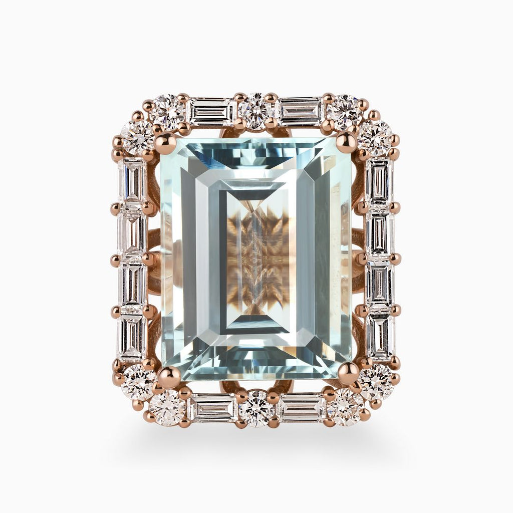 12.30ct Aquamarine Ring with Baguette Diamond Halo