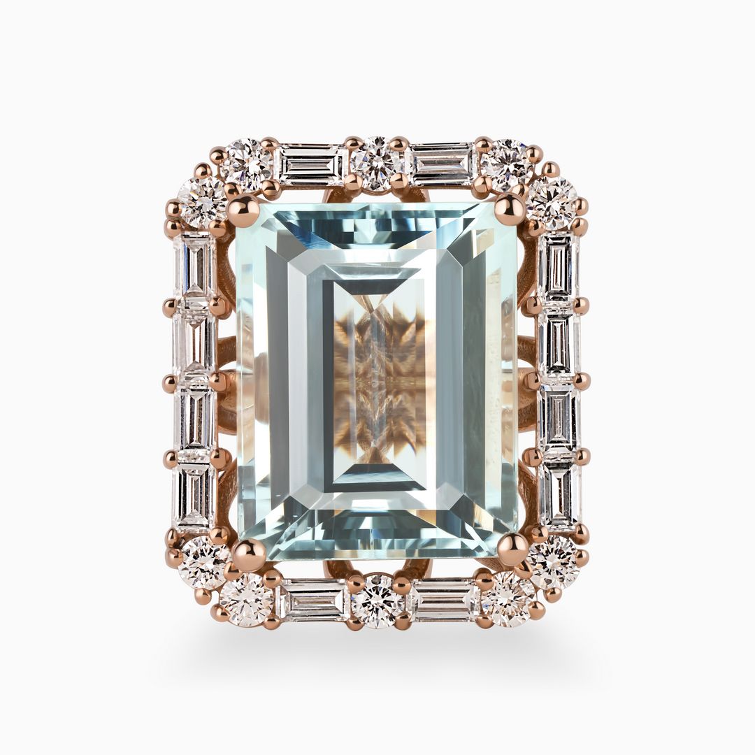 12.30ct Aquamarine Ring with Baguette Diamond Halo