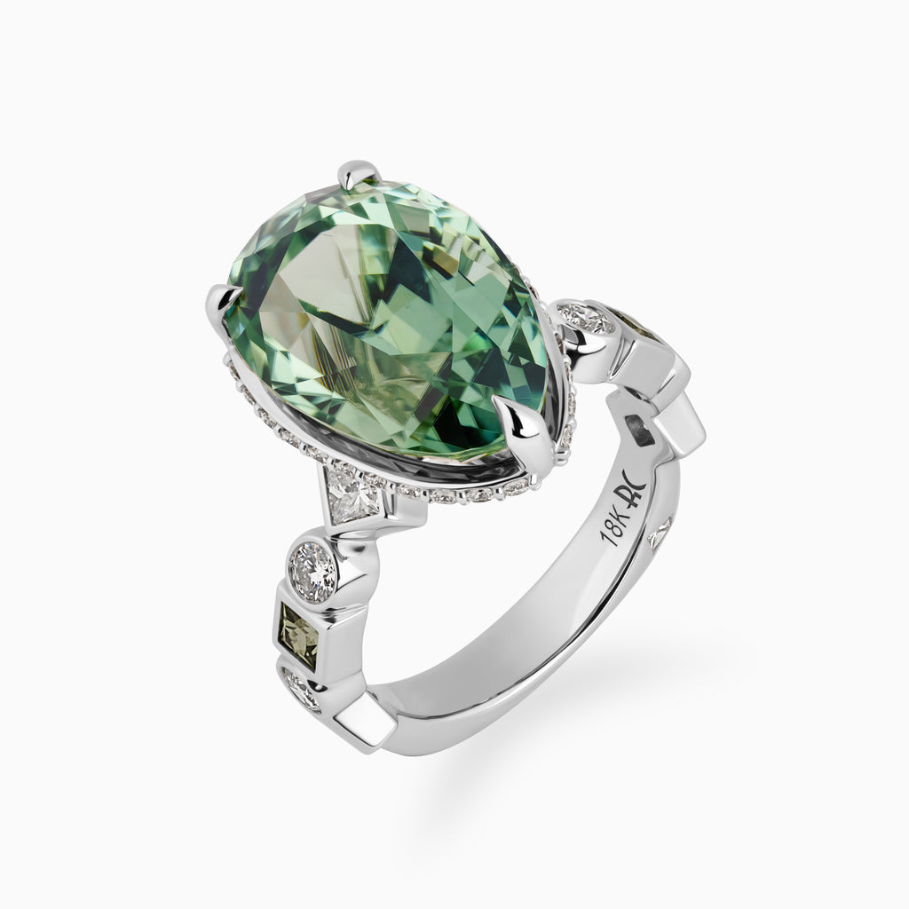Pear Cuprian Ring with Multi Shaped Diamonds